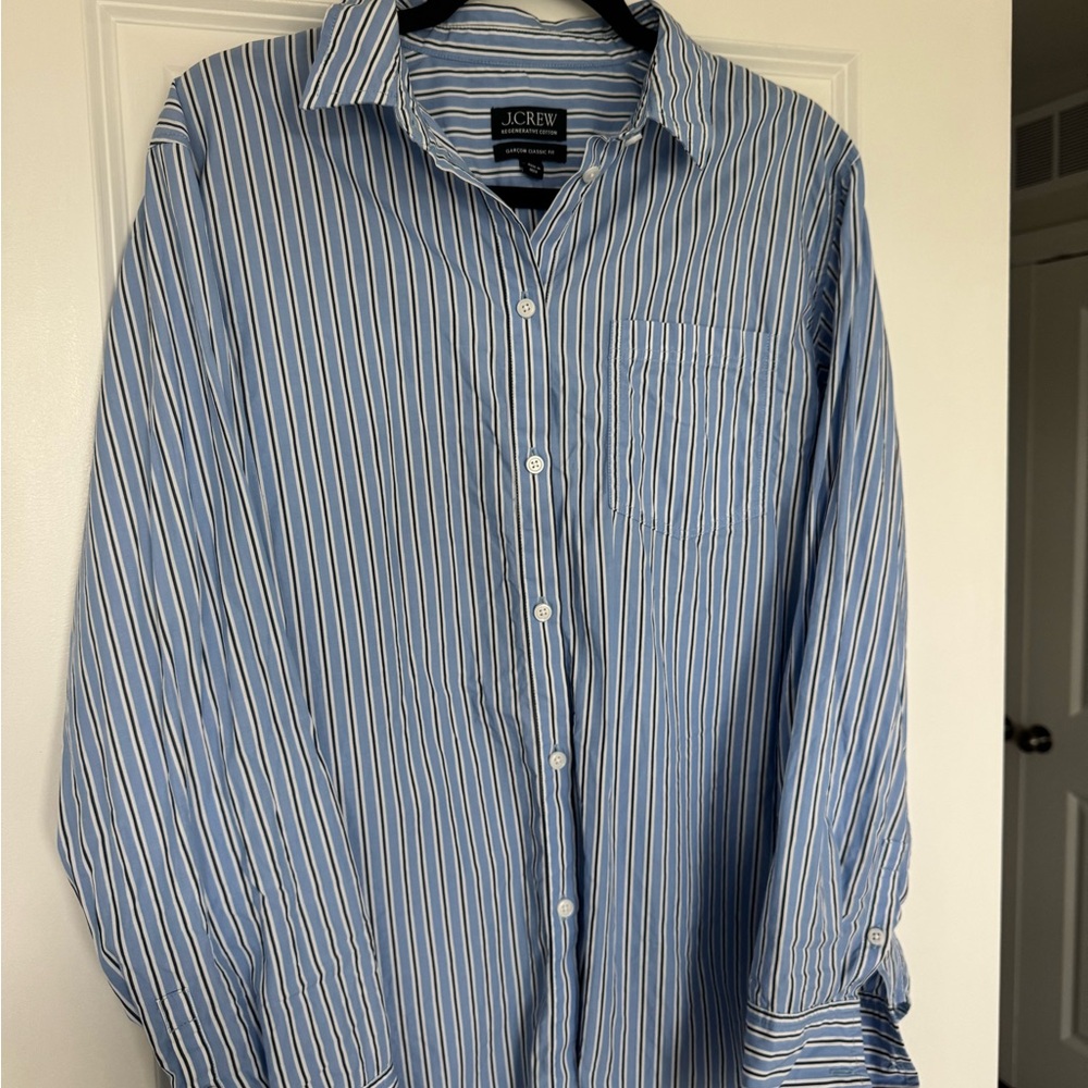 J. Crew Men's Blue and White Striped Dress Shirt